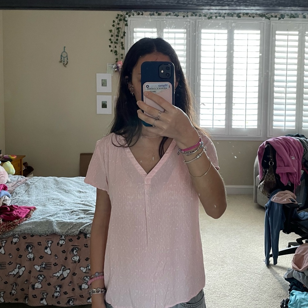 Pink Subtle Floral Pattern V-Neck Women's Top